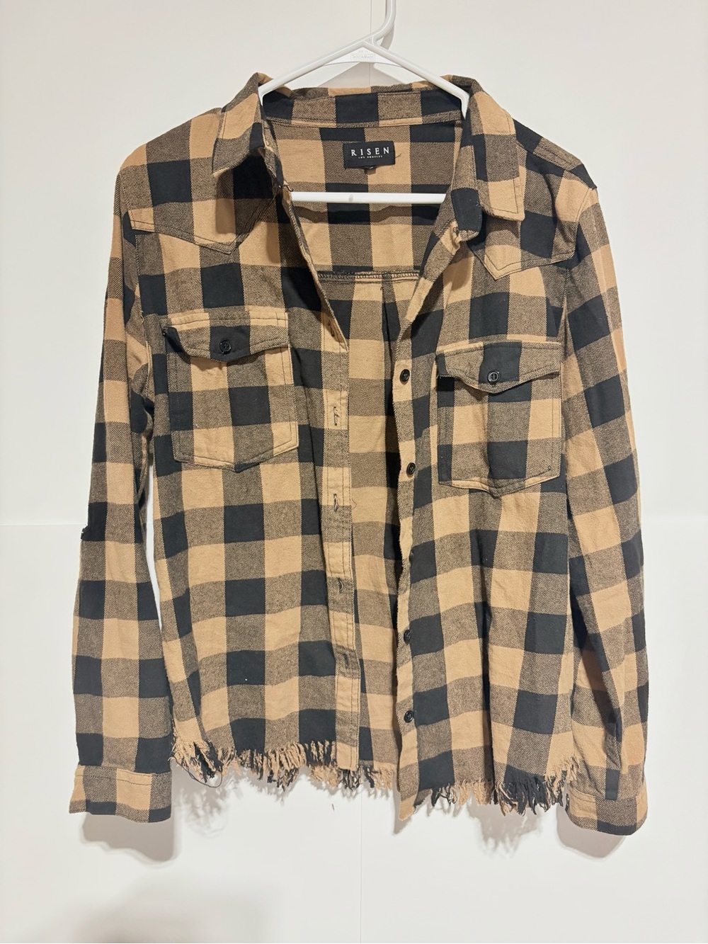 Risen Back To School Frayed Flannel Shirt Brown Black Distressed Western Medium
